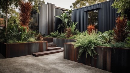 Post-industrial steel planters with tall, vertical plants. AI generated