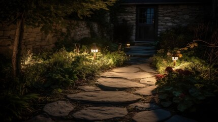 Fototapeta na wymiar Recessed garden lighting with a small flagstone path and a small fountain. AI generated