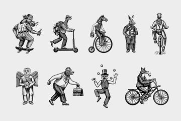 Fototapeta na wymiar Fox on a bicycle, Cat juggler, turtle on a scooter. Bear, horse, hare, Owl, Squid. Fashion Animal characters set. Hand drawn sketch. Vector engraved illustration for label, logo and Generative AI