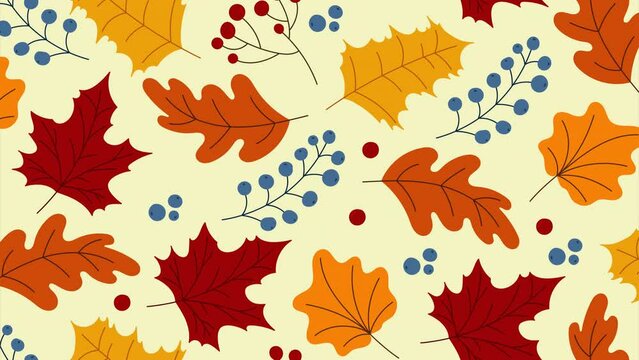 Autumn animation with leaves and berries. Autumn season with leaves pattern animation. Autumn season decorative animation. Seamless and looped animation