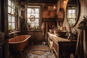 Fototapeta na wymiar Rustic bathroom with bohemian decor. Generative AI