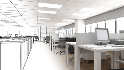 office space For working with computers, office equipment,line art,3d rendering