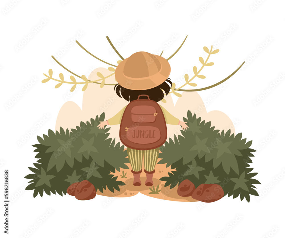 Sticker Little Girl in the Jungle Standing with Backpack Exploring Tropical Environment Vector Illustration