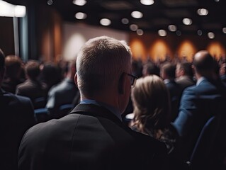 Generative AI illustration of businessman in formal suit and glasses sitting in hall with crowd during business seminar