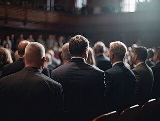 Obraz premium Generative AI illustration of businesspeople in formal clothes sitting on chairs in hall while attending business meeting listening to lecture