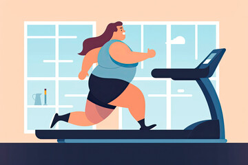 Overweight young woman running on treadmill. Loss weight cardio training - obrazy, fototapety, plakaty