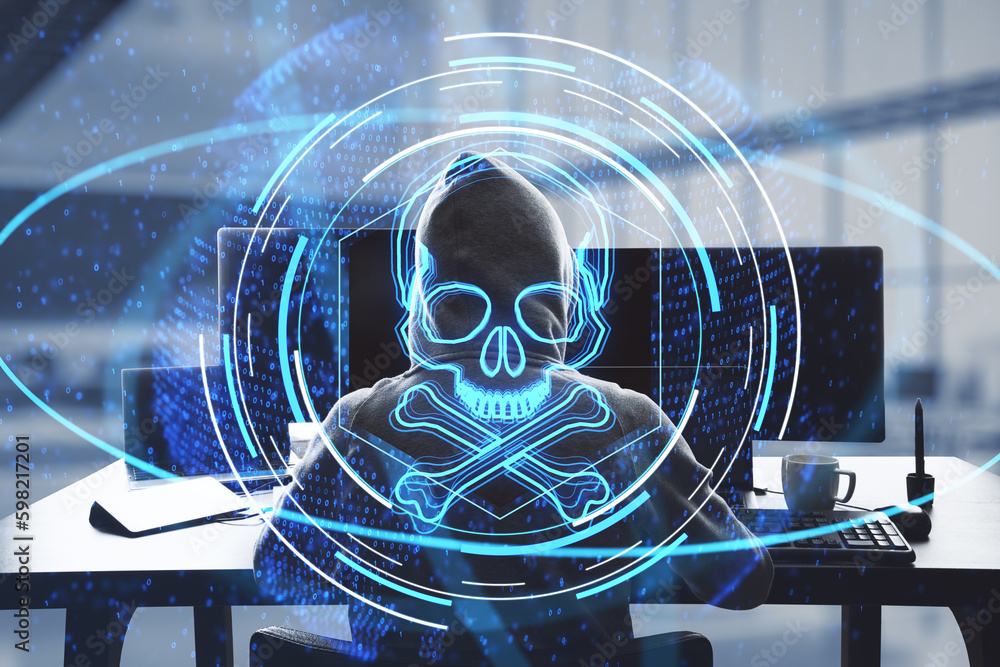Aufkleber Back view of hacker using laptop with abstract glowing skull hologram on blurry office interior background. Hacker system or cyber attack concept. Double exposure.