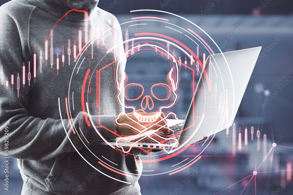 Poster Close up of hacker hands using laptop computer with abstract glowing skull hologram on blurry office interior background. Hacker system or cyber attack concept. Double exposure.