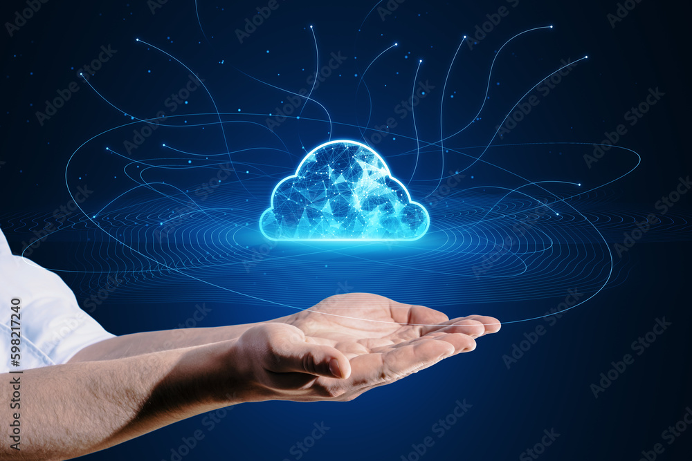 Poster close up of male hand holding digital polygonal cloud with lines on blue background. cloud storage a