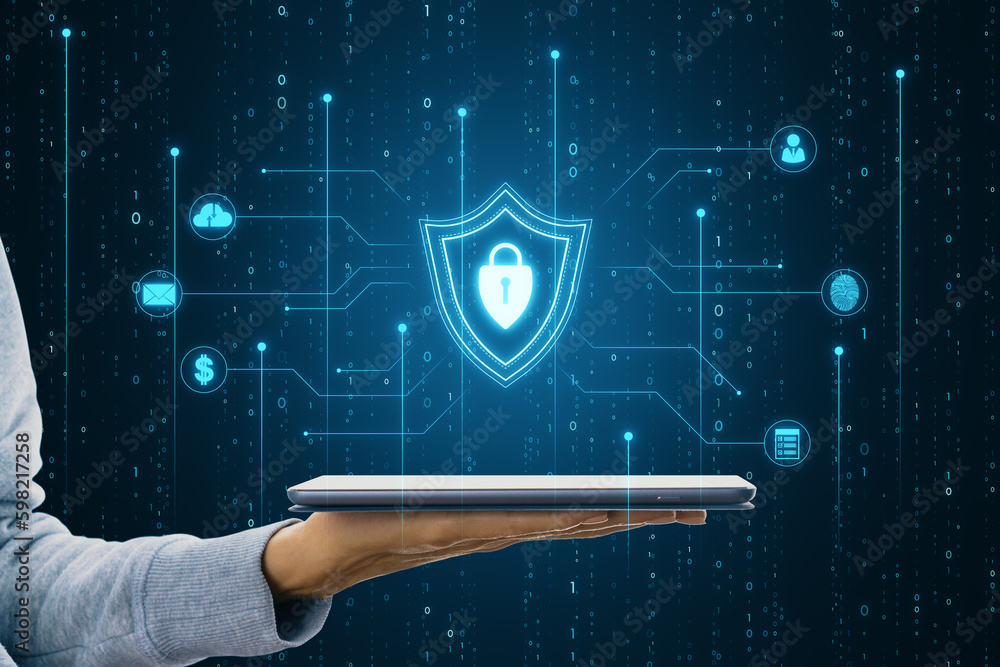 Poster Close up of female hands holding cellphone with glowing blue padlock shield with digital coding on dark background. Safety, programming and access concept.