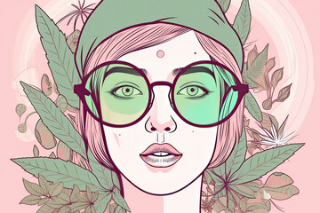 Pale girl with marijuana leaves and alien antennae. Stoner and psychedelic conceptual art with cannabis leaves