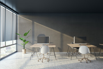 Fototapeta na wymiar Modern coworking office interior with window and city view, blinds, workspaces and concrete flooring. 3D Rendering.