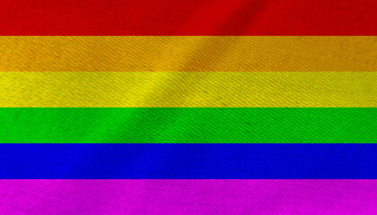 Pride gay flag grunge waving in the wind. Close up of LGBT rainbow banner blowing, soft and smooth silk. Cloth fabric texture ensign background. Use it for national day and LGBTQ events concept.