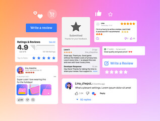 User Reviews and Feedback Interface. User reviews online. Customer feedback review experience Rating concept. Template Vector illustration. Rating in Mobile Applications. Good Feedback Dialog Box - obrazy, fototapety, plakaty