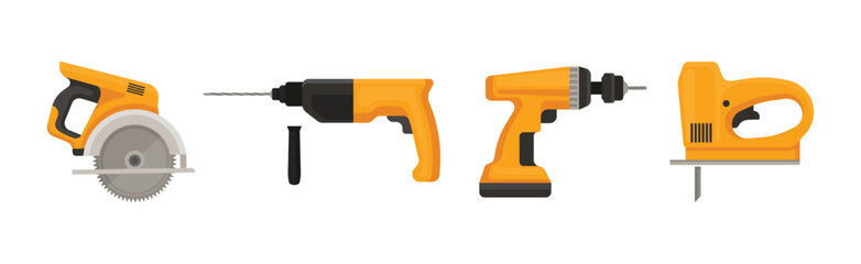 Fototapeta premium Yellow Power Tools for Carpentry Work Vector Set
