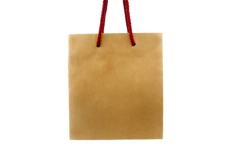 Brown shopping bag with red rope isolated on transparent background with clipping path and png transparency. Paper container, natural material and recycle object.
