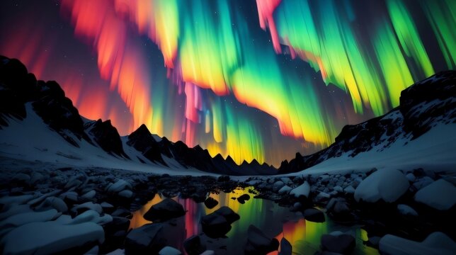 Beautiful glacial northern light reflex on water, beautiful snow mountain landscape, aurora light at the night sky. Generative AI.