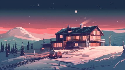 真冬の夜の山小屋：AI作品

