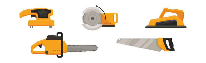 Yellow Power Tools for Carpentry Work Vector Set