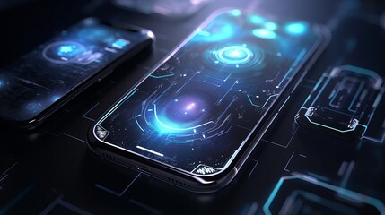 Vector futuristic mobile technology Ultra realistic, highly detail, VFX, CGI, 4K, modern mobile phone, mobile phone on the table, mobile phone on the screen, mobile phone on blue background