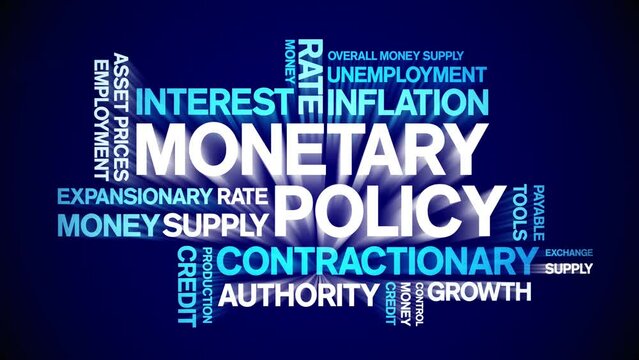 Monetary Policy animated tag word cloud;text design animation kinetic typography seamless loop.
