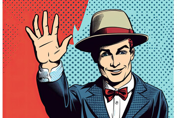 Retro gentleman and promotional announcement pop art retro vector. Hello polite gentleman raises his hat pop art retro vector. Etiquette and greeting