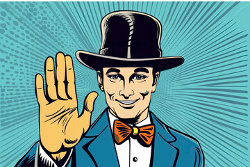 Retro gentleman and promotional announcement pop art retro vector. Hello polite gentleman raises his hat pop art retro vector. Etiquette and greeting