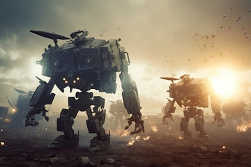 invasion of military robots. Dramatic apocalypse super realistic concept. Future. 3d rendering. - obrazy, fototapety, plakaty