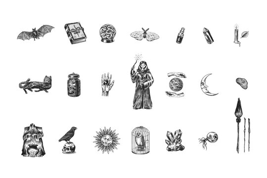 Witch brews a potion in a cauldron. Magic ball, book of spells, black cat, beldam and sorcery, Crow on skull. Sun and a Crescent moon with face. Halloween elements. Hand drawn engraved Generative AI