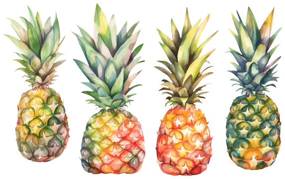 set vector waterolor illustration of ripe pineapple isolated on white background Generative AI