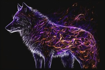Wolf body made out of purple and orange flames