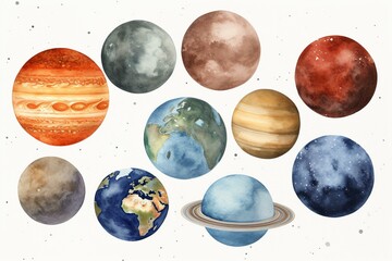 Watercolor illustration of planets on white background: Mercury, Venus, Earth, Mars, Jupiter, Saturn, Uranus, Neptune, Pluto. Generative AI