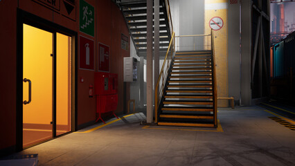 工場の事務所の入り口と非常階段