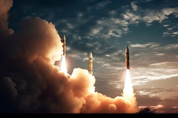 Rocket launch with fire clouds. Nuclear Missiles With Warhead Aimed at Gloomy Sky at night