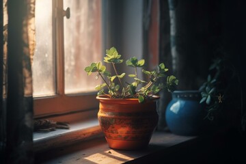A small potted plant in a well-lit morning window, creating a good environmental ambiance. Generative AI