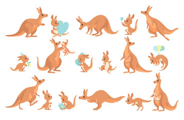 Funny Kangaroo Marsupial Animal with Baby Engaged in Different Activity Vector Set