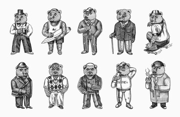 Fototapeta na wymiar Bear in vintage costume with beer. Fashion animal character in tweed jacket. Hand drawn sketch. Retro look. Vector engraved illustration for logo and tattoo or T-shirts. Generative AI