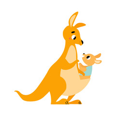Fototapeta na wymiar Cute Brown Kangaroo Marsupial Character with Joey Sitting in Its Pouch Vector Illustration