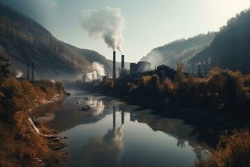 Industrial facility with huge smoke stacks, situated near mountainous terrain through which a river flows. Generative AI