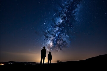 Fototapeta premium Silhouette of a romantic young couple with the man proposing at night against beautiful starry sky