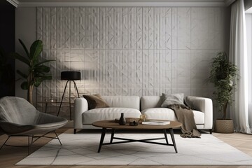 A simplistic living room with minimalist furniture and white patterned walls. Generative AI
