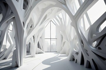 Abstract intricate architecture background, all-white intricate room, 3D rendering, realistic light, Generative AI.