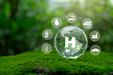 H2 hydrogen innovation zero emissions technology.Clean hydrogen energy concept.Hydrogen production.Hydrogen Industry Concept. - obrazy, fototapety, plakaty