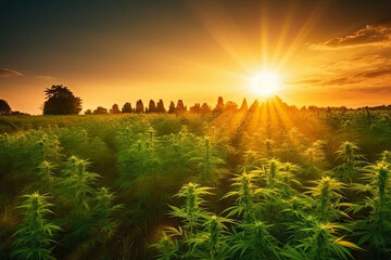 Sunset Cannabis Field. Marijuana Plants.