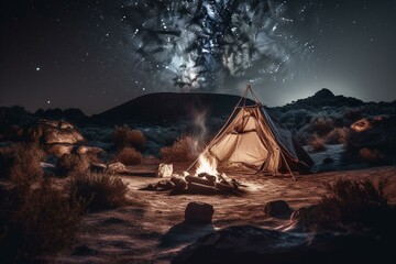 Nighttime camping with a campfire and stars. Technology used. Generative AI