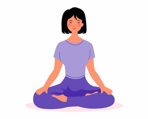 Woman sitting in yoga pose at home. Girl doing meditation for healthy and better lifestyle.