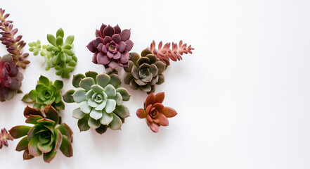 succulent plants top view border on white background