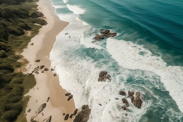 Bird's eye view of tropical beach with clear water, waves and sandy shore. Perfect for summer getaway. Generative AI