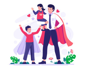 Happy Father's Day. Dad and his son wearing a superhero cape and the father holding his daughter on his lap. Vector illustration