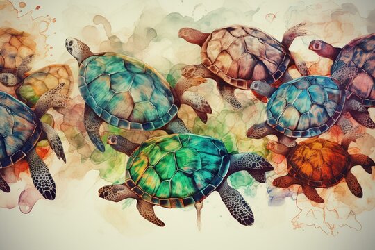 Illustration of a colorful pattern with watercolor turtles. Generative AI